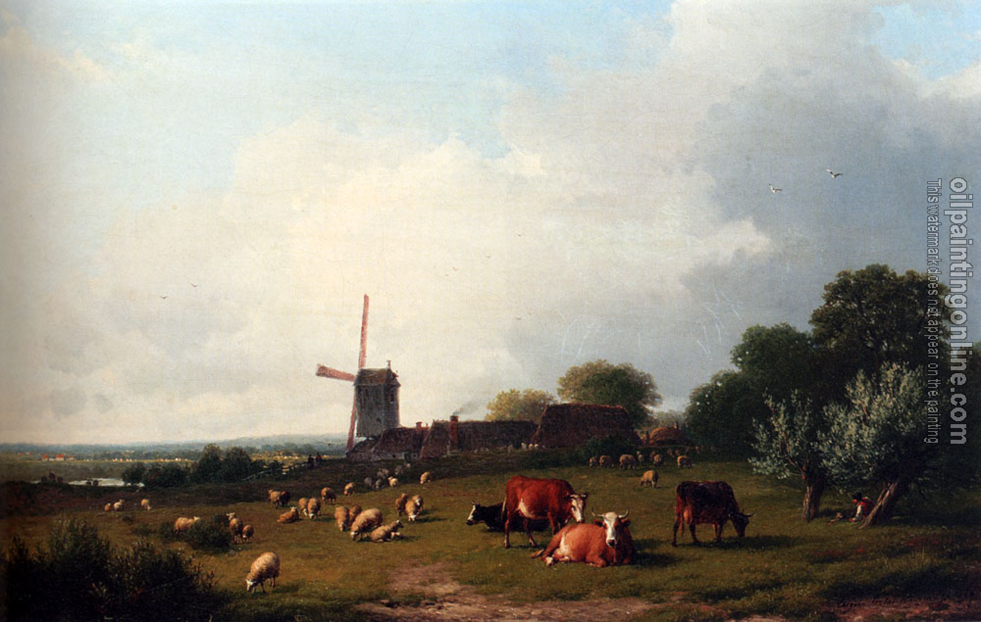 Verboeckhoven, Eugene Joseph - A Panoramic Summer Landscape With Cattle Grazing In A Meadow